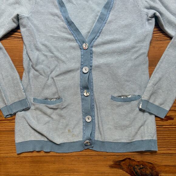 Sparrow blue white cottage floral button cardigan sweater SIZE M - Picture 6 of 7